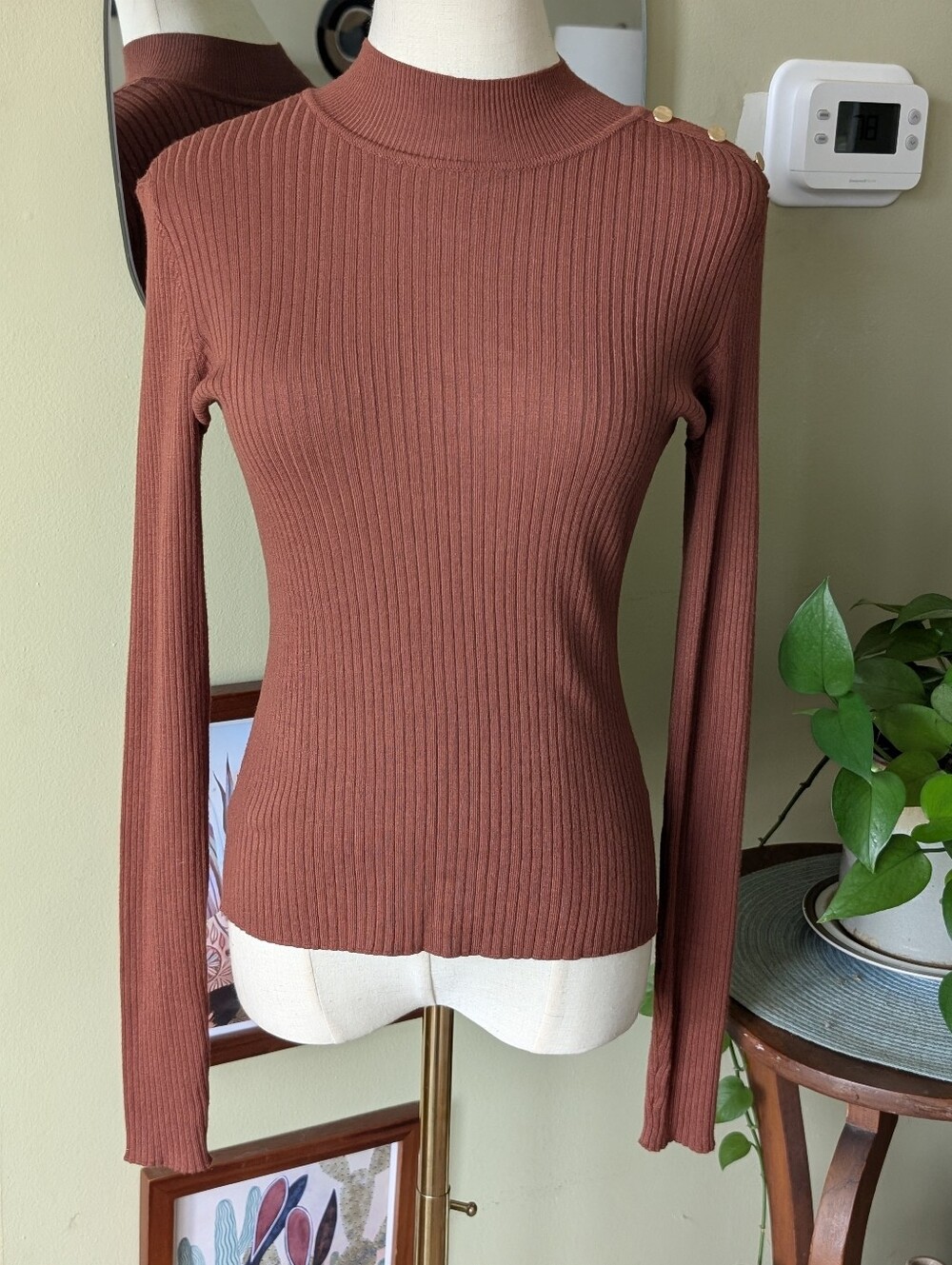Marled Women's Ribbed Mock Neck Size XS Long-Sleeve Top in Brown Rust